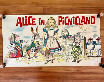 Vintage 1950s Alice in Wonderland Picnicland Poster 50s Grocery Picnic Display Ad Advertising Hippie Groovy Fun Psychedelic Trippy