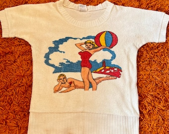Vintage 1970s Retro Beach Babe Surfer Pinup Graphic Tee Terry Cloth Short Sleeved Shirt // Extra Small Small // 60s Hippie Retro Groovy