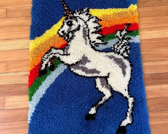 Vintage 80s Rainbow Unicorn Latch Hook Rug Wall Art Tapestry Blue Colorful Large Big Groovy Hippie Fun Home Decor 70s
