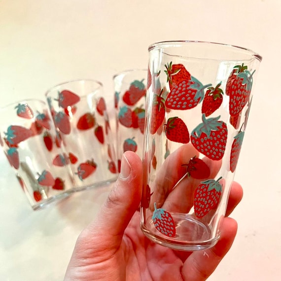 Vintage Strawberry Juice Glasses Small Little 3.75'' // Red