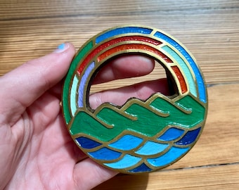 Vintage Rainbow Brass Belt Buckle 70s // Ecology Designs Groovy Hippie Israel Sunrise Sunset Yellow Rays Fun Novelty