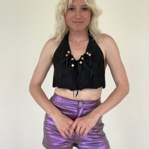 Vintage Black Leather Halter Crop Top Fringe 90s 80s 70s Groovy Boho Woodstock Hippie Small Biker Motorcycle