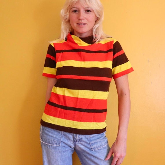 Vintage 1970s Yellow Red Brown Stripe Short Sleev… - image 1