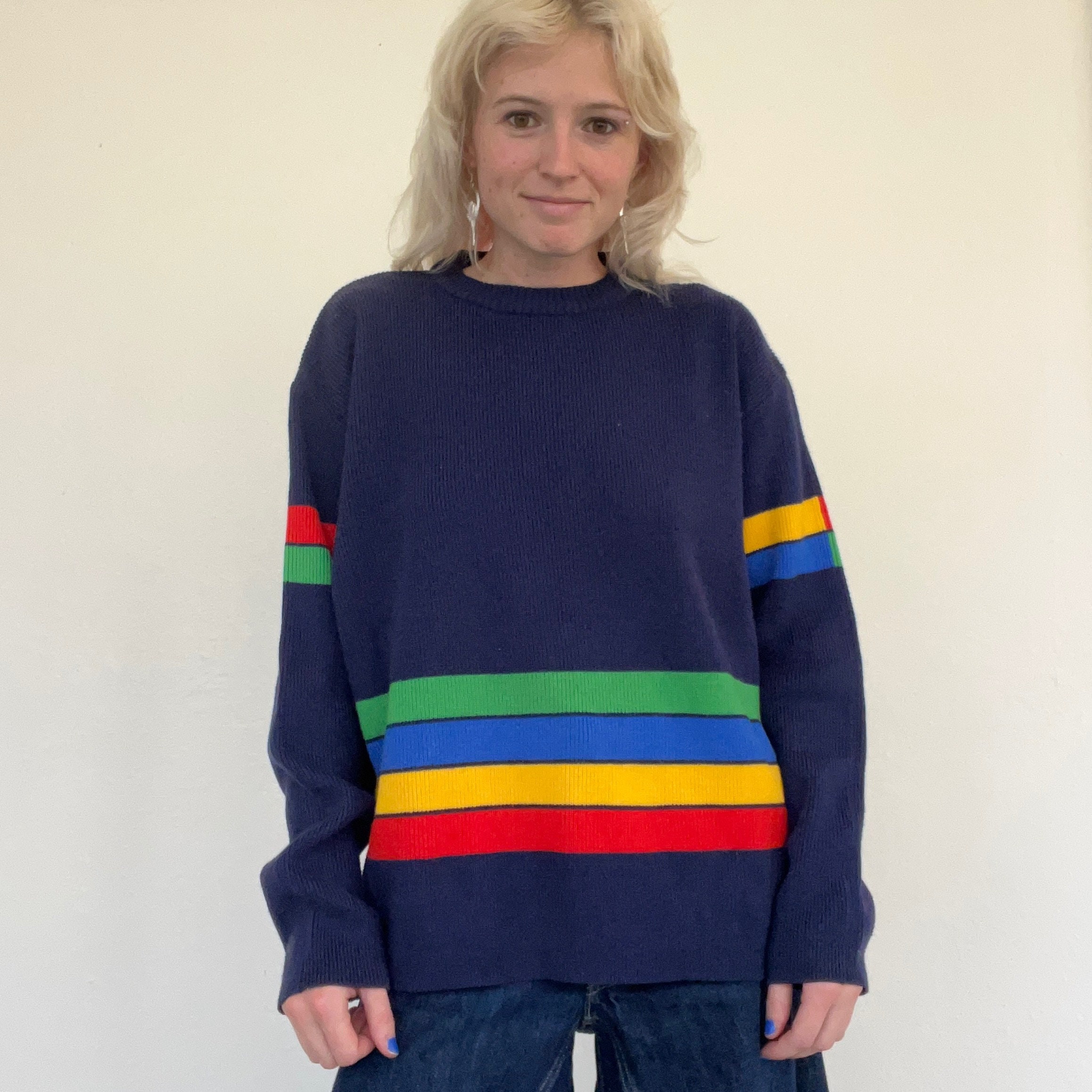 Blue sweater with rainbow shoulders shop