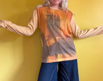 Vintage 1970s Orange Tree Photo Print Graphic Tee Shirt T Shirt Top Long Sleeved Alive 70s 60s 1960s Hippie Groovy Psychedelic