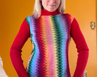 Vintage 1970s 80s Colorful Rainbow Pullover Sweater Acrylic Ski Winter Groovy Colorful Long Sleeved Knit Diamond Red Turtleneck