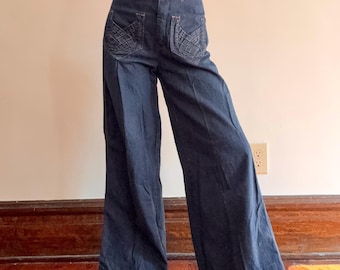 Vintage 1970s Dark Wash Bellbottoms Denim Jeans Braided 70s 60s Flares Wide Leg Mid Rise Patchwork Stitching Groovy Hippie