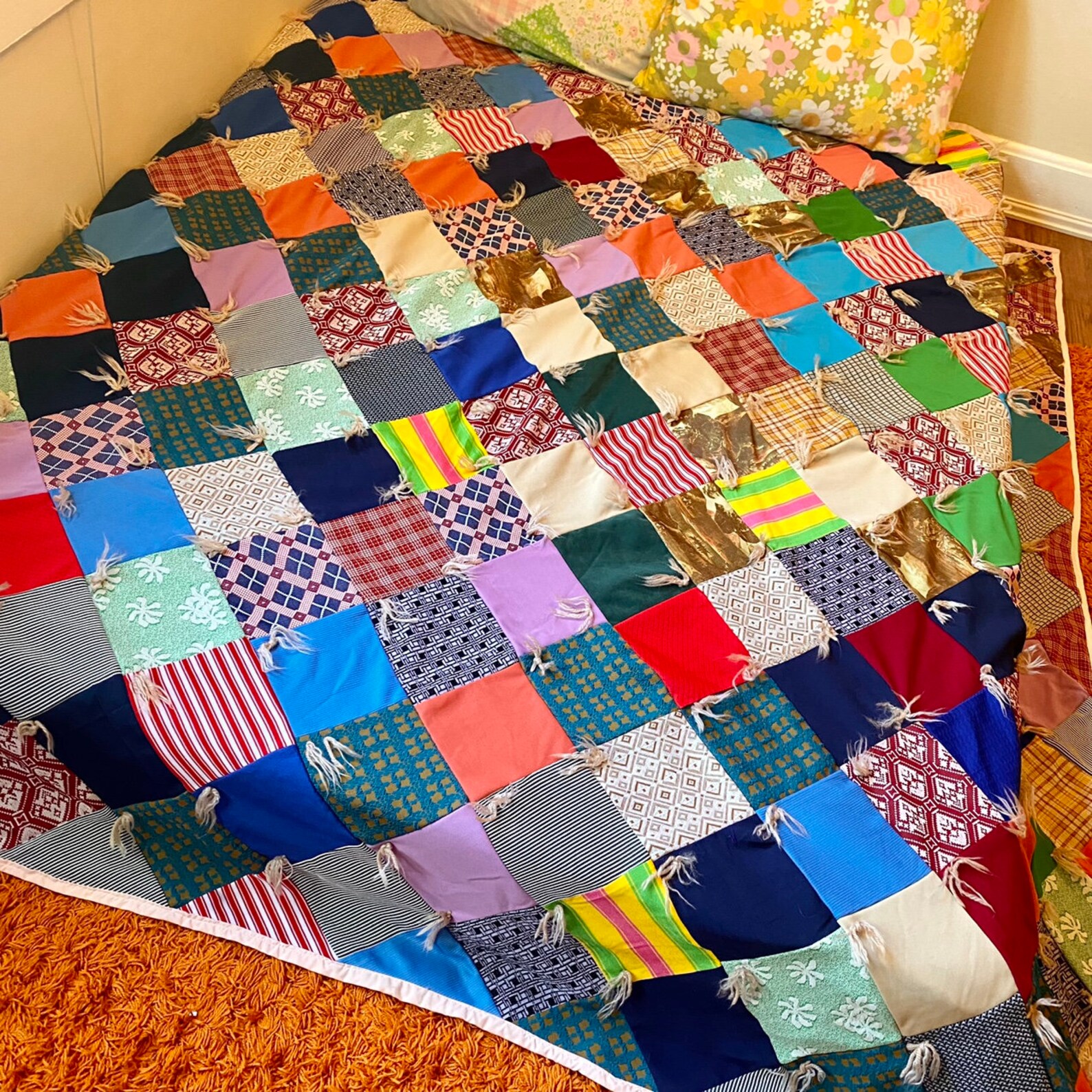 Vintage 1970s Crazy Colorful Patchwork Quilt Polyester Large Etsy