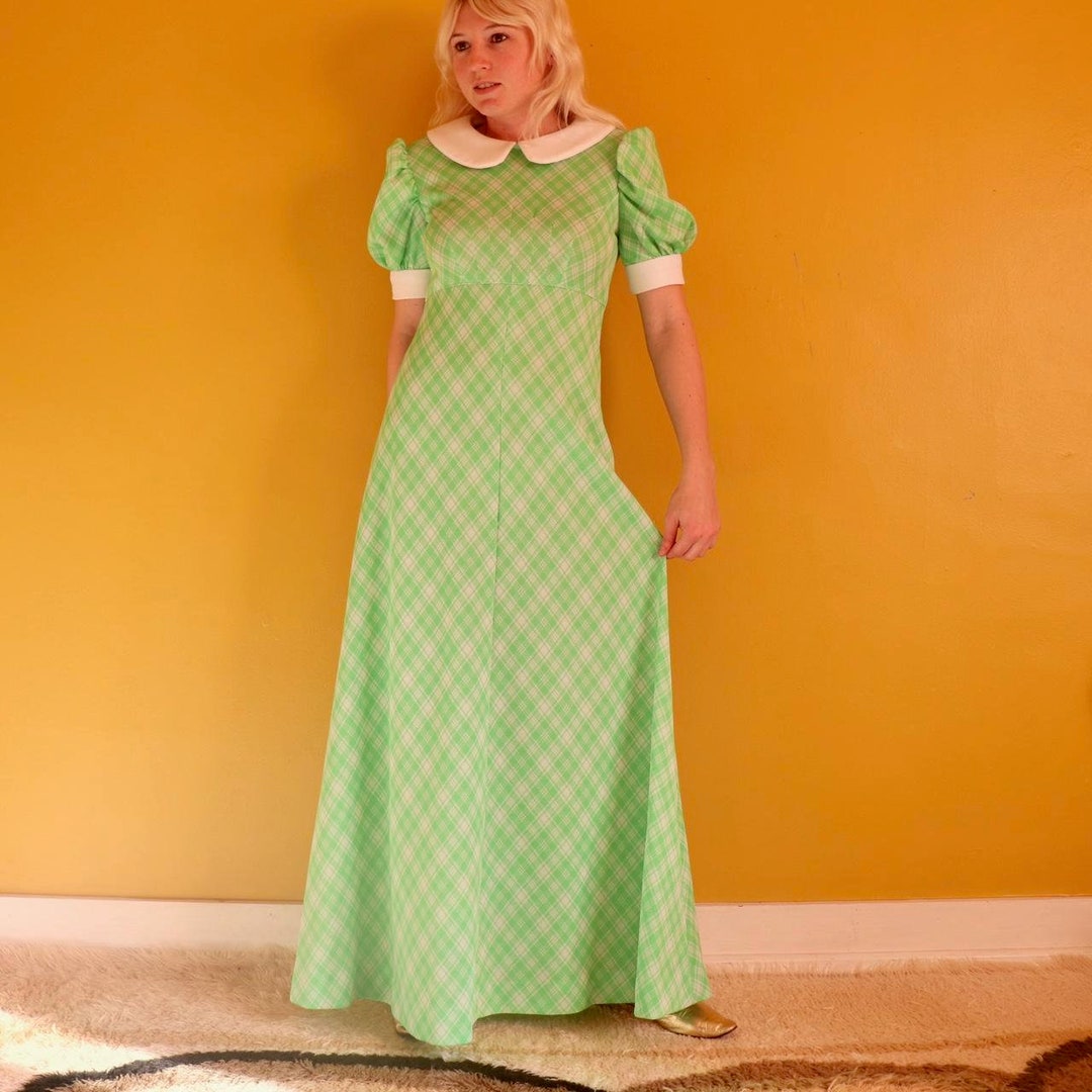 Vintage 1970s Green White Plaid Puff Sleeve Maxi Dress Polyester Groovy ...