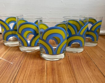 Vintage Colony Blue Green Rainbow Arch Glasses 4 inch Lowball Scotch // Drinking Glasses Kitchen Cups Tumblers Drinkware 70s