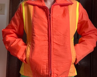 Vintage 1970s Orange Yellow Striped Ski Jacket Coat Nylon Sun Sunset Hippie Groovy 60s 70s Cardigan Sweater Metal Zipper She’ll Windbreaker