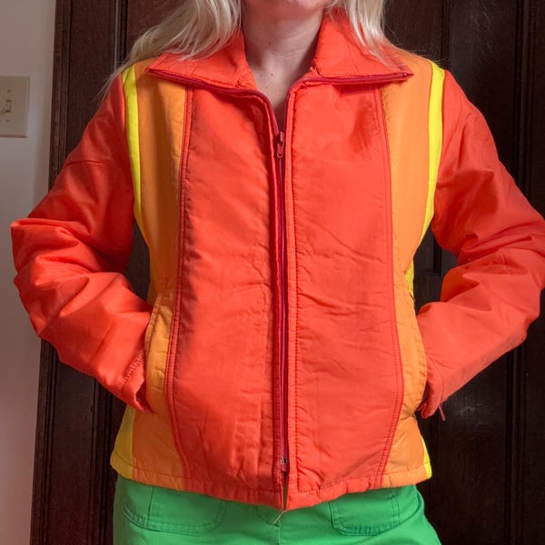 Vintage 1970s Orange Yellow Striped Ski Jacket Coat Nylon Sun Sunset Hippie Groovy 60s 70s Cardigan Sweater Metal Zipper She’ll Windbreaker