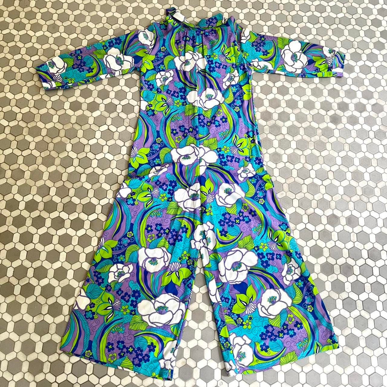 Vintage 1970s Blue Green Purple Flower Power Jumpsuit // Medium