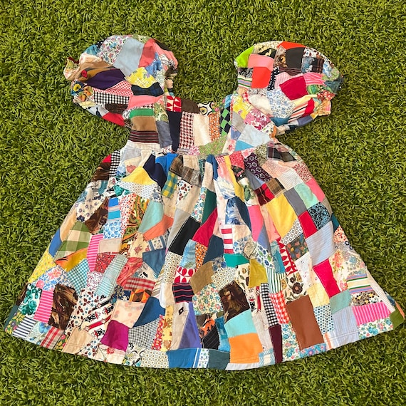 Upcycled Puff Sleeve Crazy Quilt Top Mini Dress /… - image 2