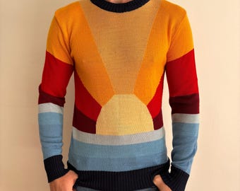 Vintage 1970s Rainbow Sunrise Pullover Sweater Acrylic  Brown Orange Warm Tone  Groovy 70s Hippie 60s 1960s Top Long Sleeved Stripe Men’s