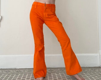 Vintage 1970s Carrot Orange Corduroy Flare Pants Bellbottoms Trousers  Groovy Hippie Bright Colorful Psychedelic Small Low Rise 70s 60s 