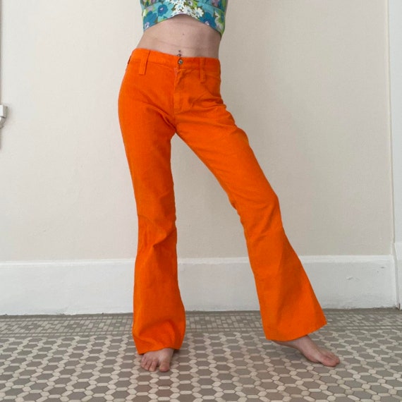 Vintage 1970s Carrot Orange Corduroy Flare Pants Bellbottoms Trousers  Groovy Hippie Bright Colorful Psychedelic Small Low Rise 70s 60s 