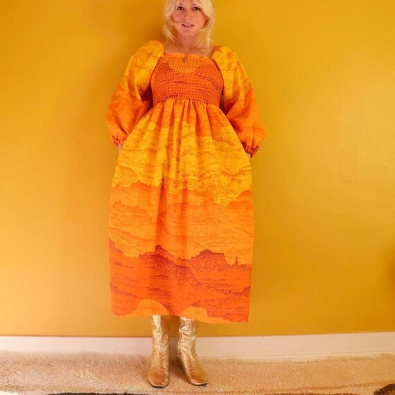 Upcycled Puff Sleeve Orange Desert Novelty Print … - image 2