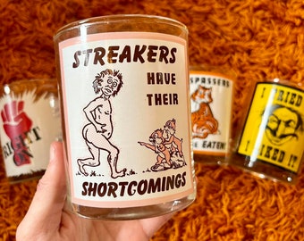 Vintage 1970s Novelty Drinking Glasses // Sex Risque Funny Naughty Groovy Hippie Fun Gift 70s Barware Lowball 60s 1960s Cups Tumblers