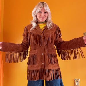 Vintage 1970s Brown Fringe Leather Suede Jacket Groovy Hippie Cowgirl Cowboy Western Snap 70s 60s 1960s Woodstock Festival