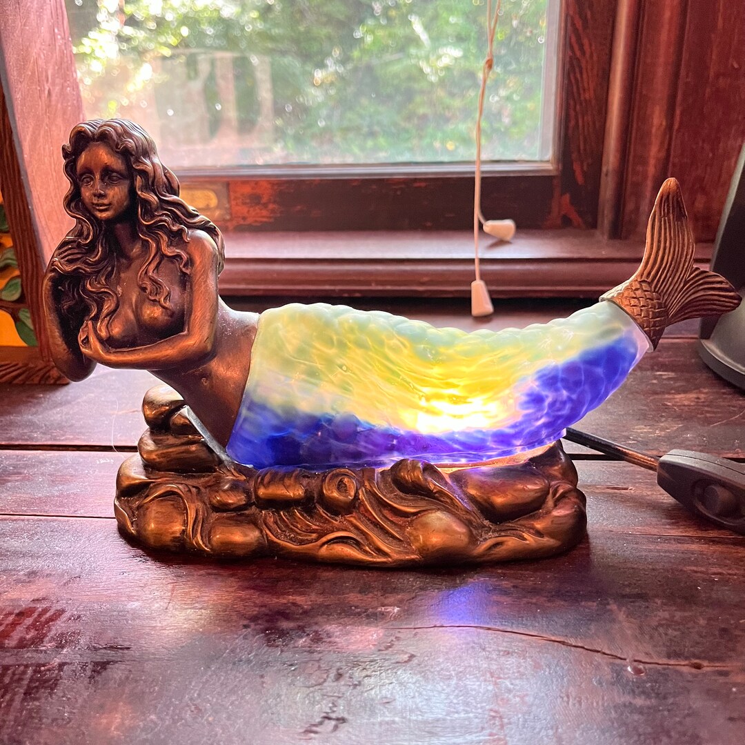 Vintage Mermaid Table Lamp Blue Green 90s Tiffany Style Light Etsy