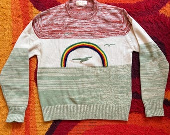 Vintage 1970s Green Rainbow Pullover Sweater Bird Landscape Ocean Acrylic Ski Winter Groovy Colorful Space Dye Sea Gulls Long Sleeved Knit