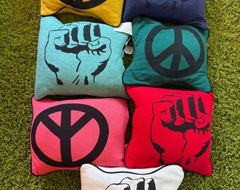 Vintage 1970s Peace Sign Black Power Fist Throw Pillow Colorful Home Decor Groovy Hippie 60s 1960s Civil Rights Counterculture 70s Deadstock