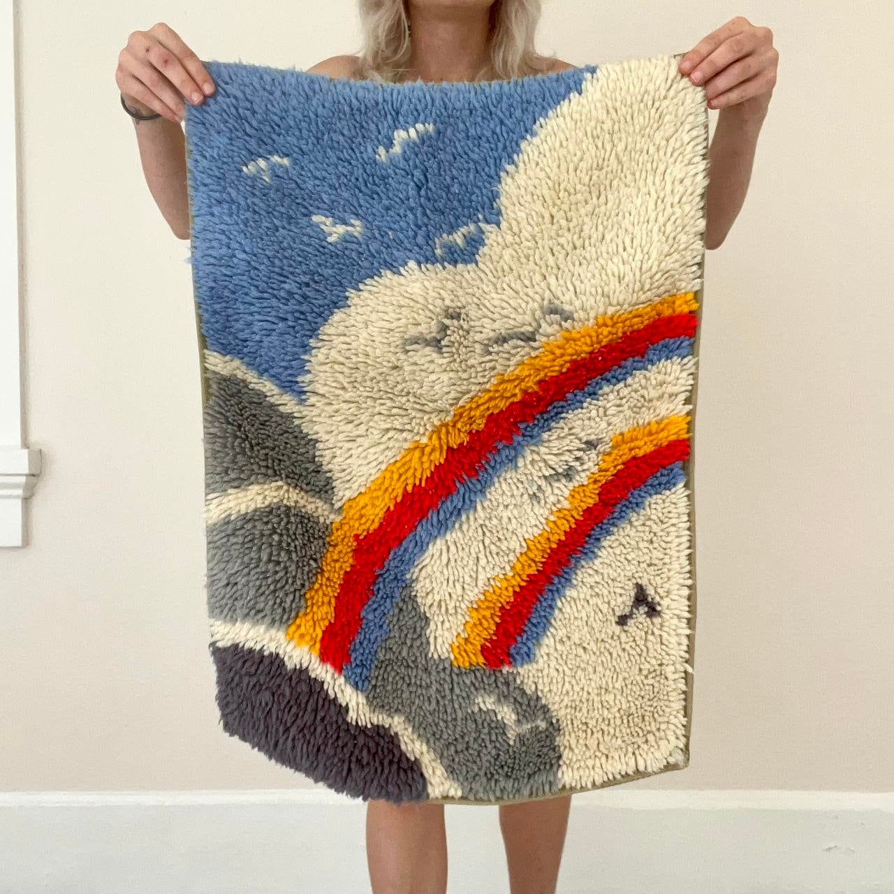 Vintage 80s Rainbow Sky Latch Hook Rug Wall Art Tapestry Blue Colorful ...