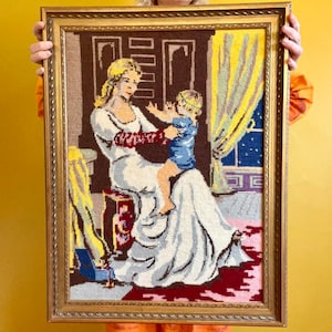Vintage Woman and Baby Needlepoint Gold Frame Embroidery Wall Art // 20 x 26'' // 70s 80s Painting Crewel Cross Stitch Cottagecore Boho