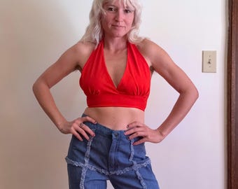 Vintage 1970s Bright Red Halter Crop Top // Small Medium // 70s Hippie Groovy Bikini 60s 1960s Cherry Pinup