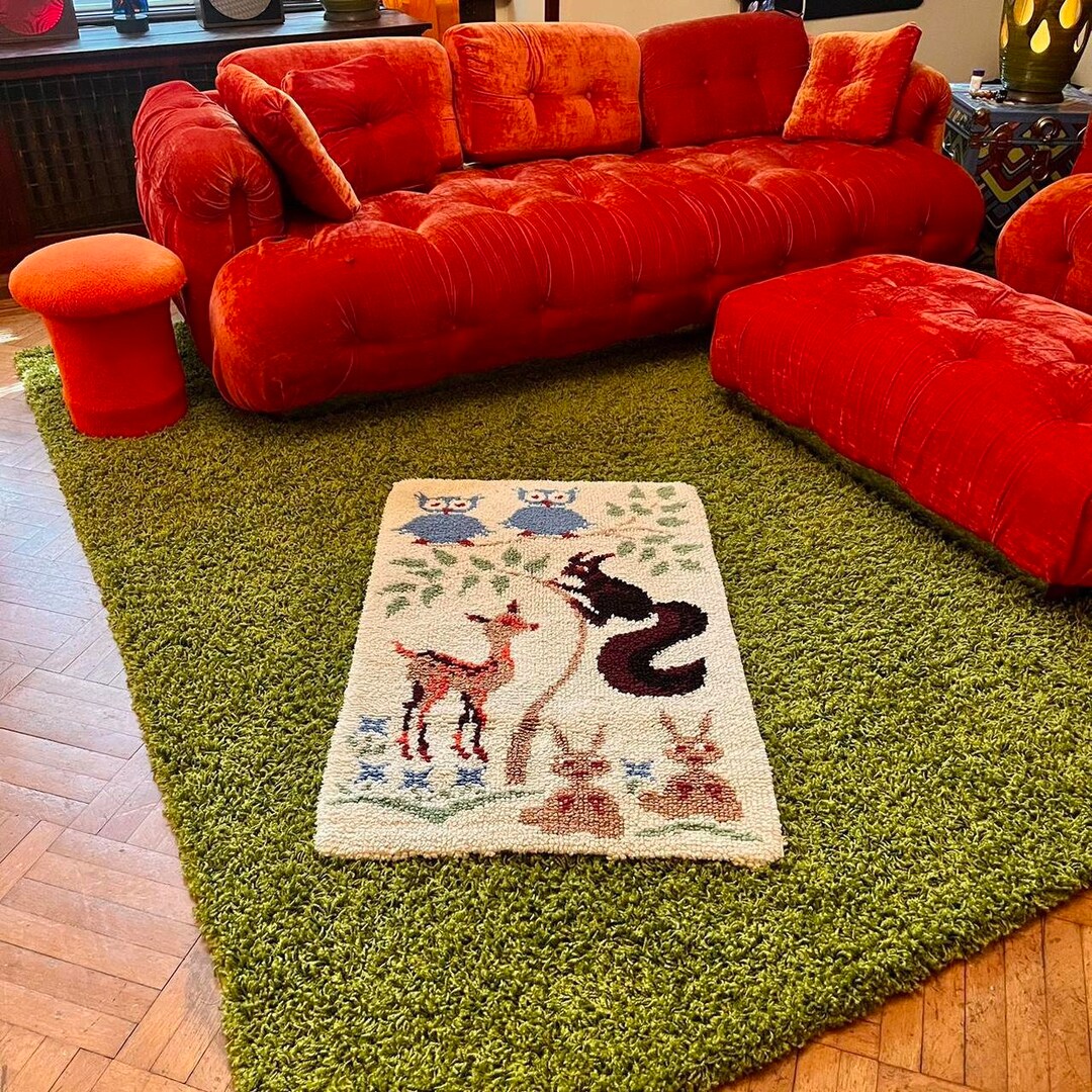 Vintage 1970s Woodland Creature Large Latch Hook Rug Wall Art Tapestry