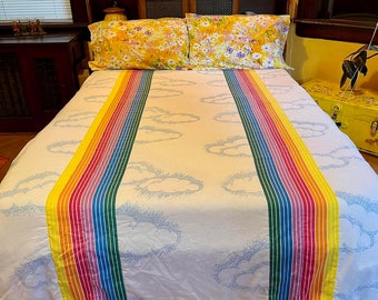 Vintage 1980s 70s Rainbow Cloud Comforter // Twin Full Double // Bedding Bedspread Groovy Hippie Colorful Stripe Blanket Coverlet 1980s