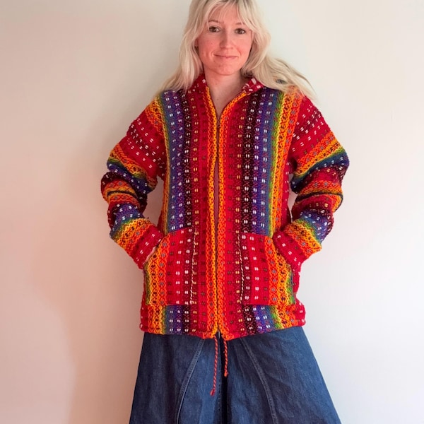 90s y2K Rainbow and Red Pink Woven Jacket // Folk Knit Sweater Ecuador Chunky Wool Stripe Groovy Hippie Fun Boho Bohemian Cardigan Outerwear
