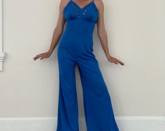 Vintage 1970s Blue Cutout Disco Jumpsuit // Small XS // 70s 60s Psychedelic Polyester Hippie Groovy 1960s Shawl Palazzo Bells Bellbottom