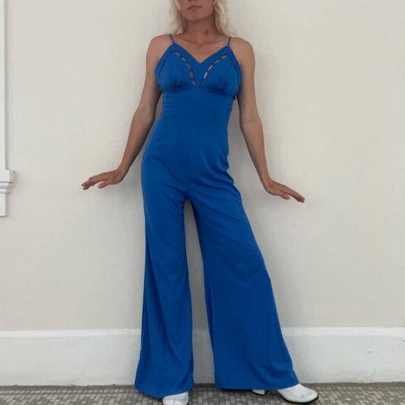 Vintage 1970s Blue Cutout Disco Jumpsuit // Small XS // 70s 60s