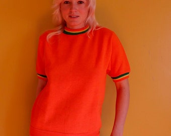 Vintage 1960s 70s Bright Orange Sweatshirt // Yellow Green Short Sleeved Groovy Hippie Shirt Top 1970s