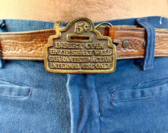Vintage 1970s Brass Gold Tone Belt Buckle Insert Coin Guaranteed Action Internal Use Only Groovy Hippie Novelty Gift Funny Humor Fun Gag