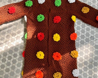 Upcycled Vintage Afghan Sweater Duster Brown Floral Flower Power Rainbow Colorful 70s 1970s Hippie Groovy Balloon Sleeve Crochet Jacket