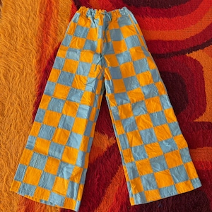 Upcycled Quilt Top Lounge Pants // Blue Yellow Checkered Drawstring Waist Scrap Quilt Crazy Small XS Wide Leg Flare Square Bright Fun Bells