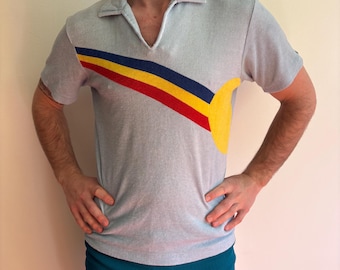 Vintage 1970s Men's Blue Terry Cloth Short Shirt 60s Groovy Hippie Men 70s Dagger Collar Rainbow Sun Appliqué Pullover Disco Sunset Sunrise