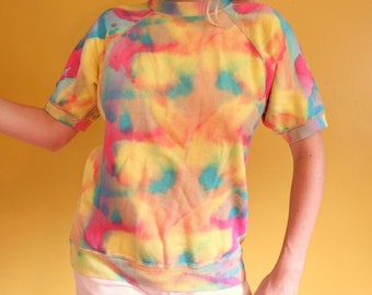 Vintage 80s 90s Rainbow Tie Dye Sweatshirt Colorful Groovy Psychedelic Pastel Medium Top Short Sleeved Shirt Pullover
