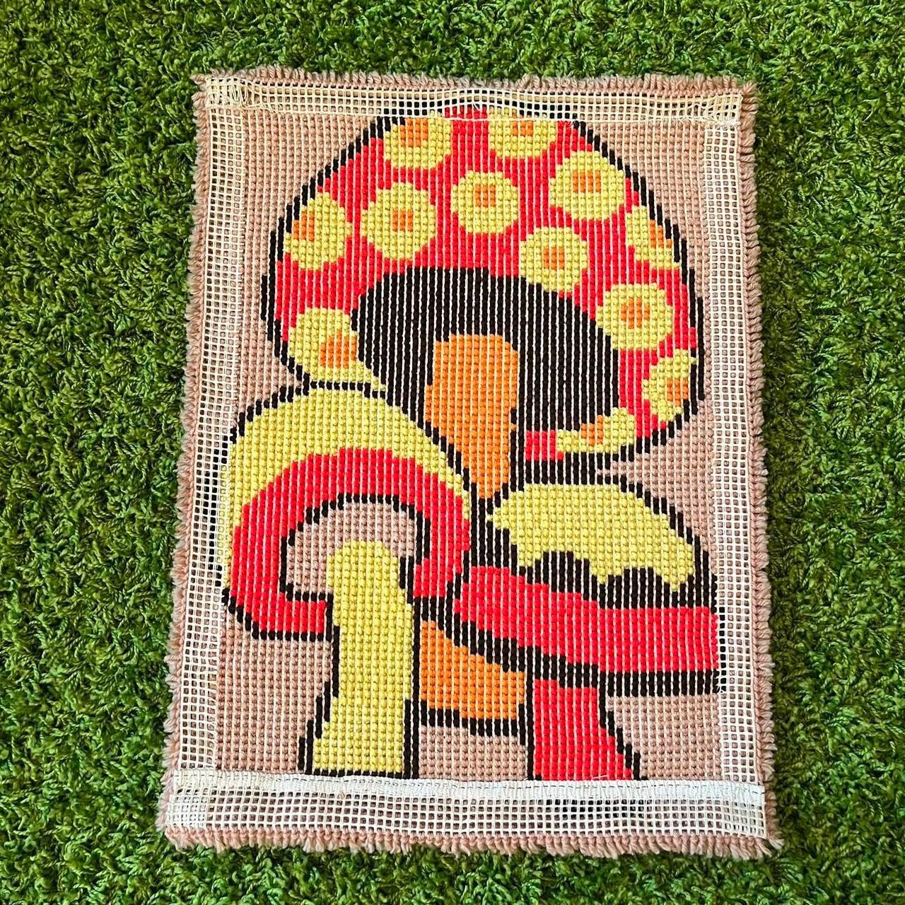 Vintage 1970s Magic Mushroom Latch Hook Rug Wall Art Tapestry