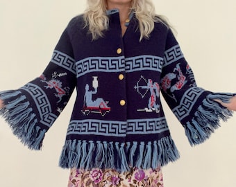 Vintage 1970s Astrology Zodiac Sweater Cardigan Star Sign Navy Blue Red 70s 60s 1960s Hippie Rare Aztec Southwestern Western