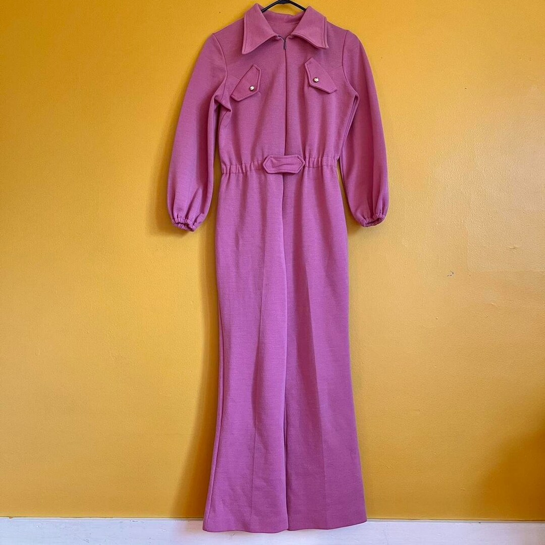 Vintage 1970s Pink Purple Long Sleeved Jumpsuit // Medium // 70s Polyester Flares Bellbottoms