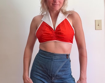 Vintage 1970s Bright Red Halter Crop Top // Small Medium // 70s Hippie Groovy Bikini 60s 1960s Cherry Pinup