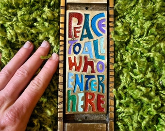 Vintage Terra Sancta Guild Rainbow Brass Door Knocker 1969 Peace to All Who Enter Here Groovy Hippie Home Decor Doorbell 70s 60s 1970s