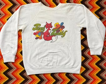 Vintage 1970s 80s Foxy Lady Rainbow Pullover Sweatshirt Sweater XS S Ski Winter Groovy Colorful White Long Sleeved