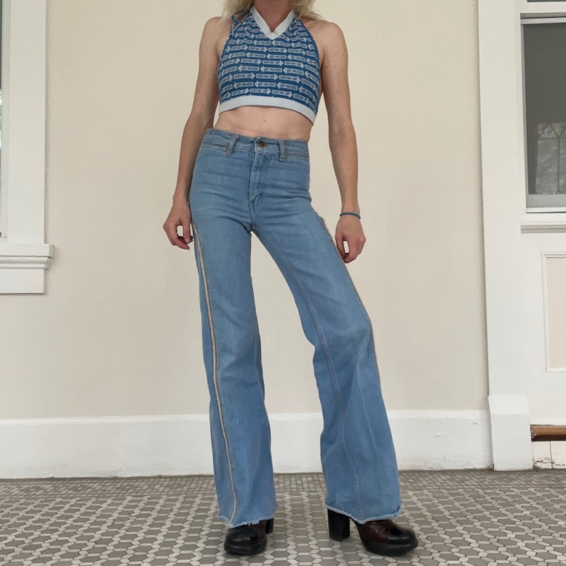 Vintage 1970s French Star Light Wash Bellbottoms Denim Jeans // 70s 60s ...