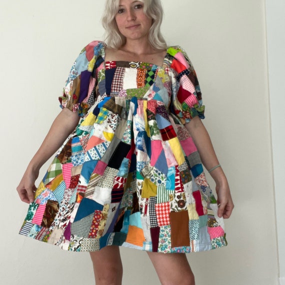 Upcycled Puff Sleeve Crazy Quilt Top Mini Dress /… - image 1