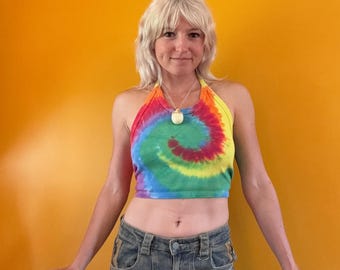 Vintage 90s y2k Tie Dye Rainbow Halter Crop Top One Size Rainbow Music Festival Hippie Groovy Bikini 1990s Grateful Dead Summer Tee Shirt T